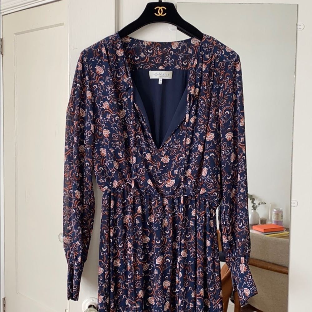 WAYF Navy print tassel midi dress XS